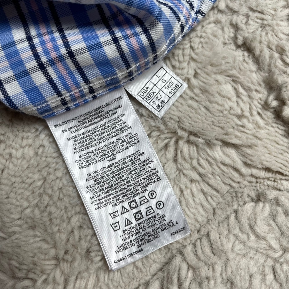 Brooks Brothers 1818 Mens Regular Fit Non-Iron Stretch Check Shirt Blue Pink L - Picture 7 of 10